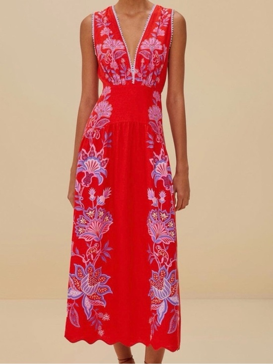 FARM Rio Dresses & Skirts - NWT 🌺 Farm Rio Red Porcelain
Garden Premium Linen Midi Dress
M